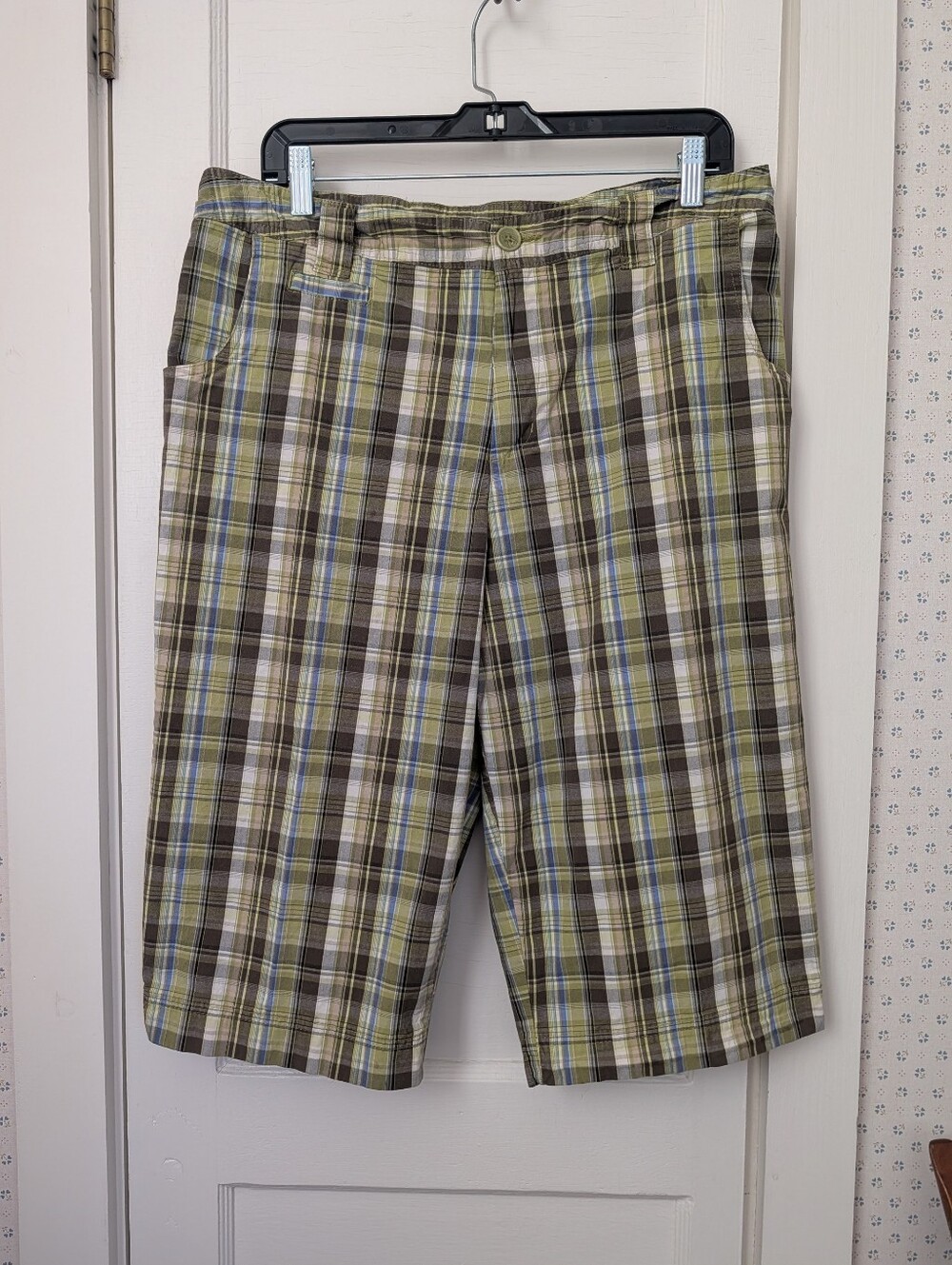 💚 Vintage 14 Plaid Shorts Cotton Blend Bermuda Green Pockets Summer Picnic Cute